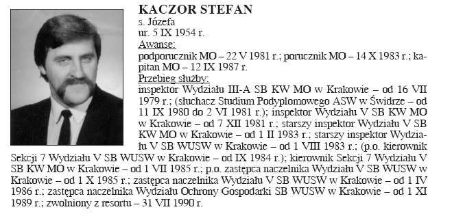 1 - W ksice Twarze krakowskiej bezpieki rozpoznaem dwch .Ten mnie dopad w roku 84 - (manifestacja dotyczca bojkotu wyborw do Rad Narodowych). Pamitam goni mnie przez p Huty i w kocu jak mnie dopad by strasznie wkur....ny bo si wywrci na kretwce.